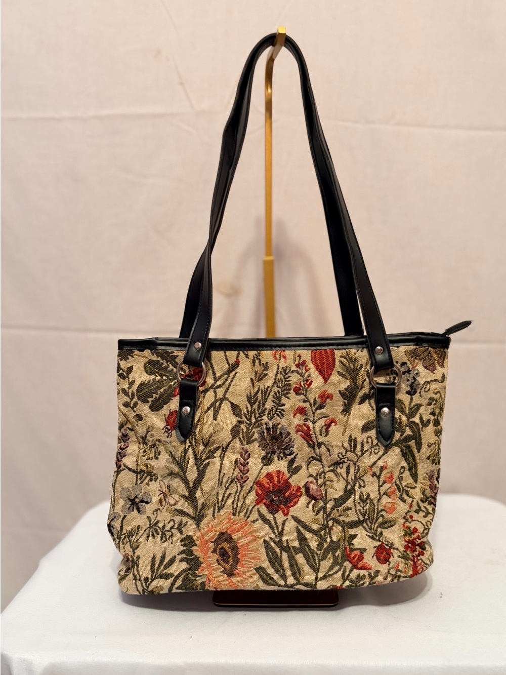 Tapestry Floral Tote Bag with Black Trim